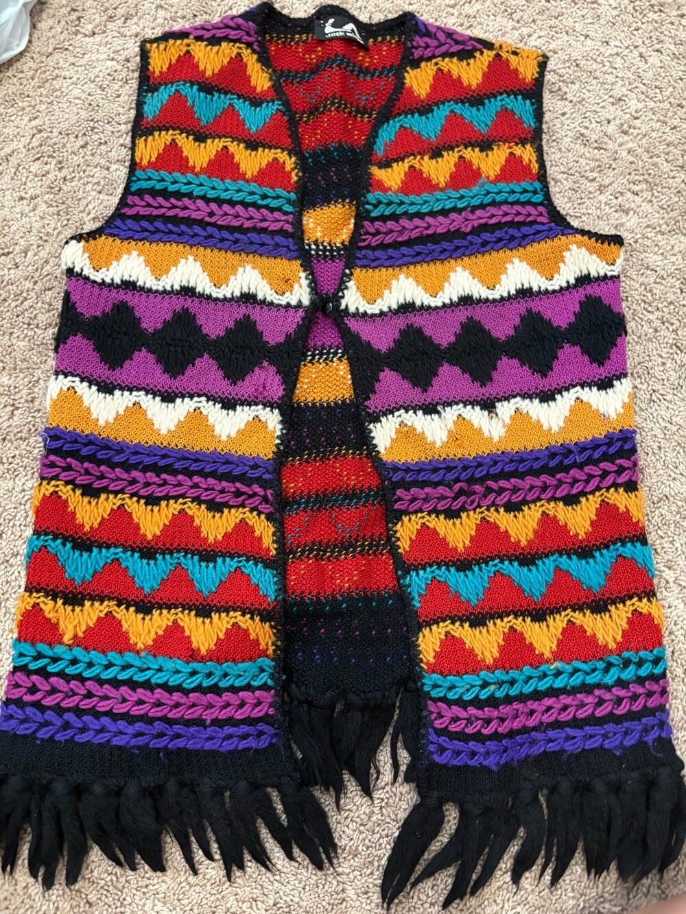 Vintage 1970s Jack Winter Colorful Knit Fringe Vest – One Size